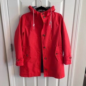 Women's Lands End Red Hooded Striped Lining Rain coat size XS